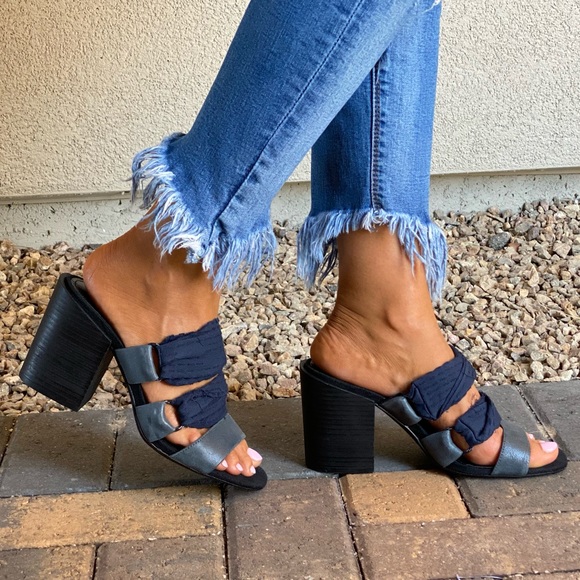 Leather/Fabric Frayed Block Heel Open Toe Mules - Picture 4 of 10